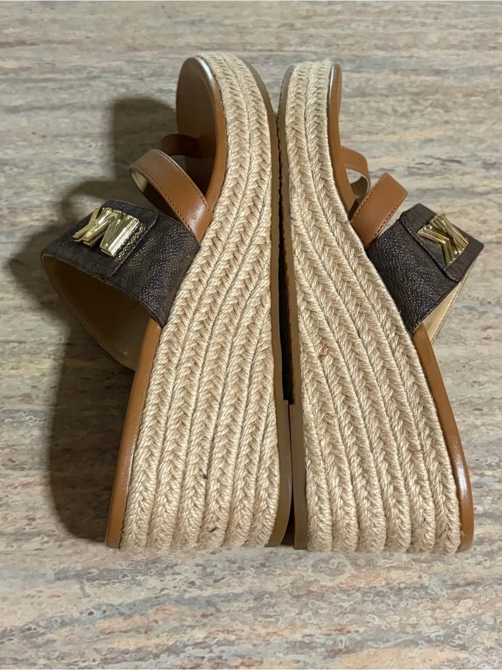 Michael Kors Tan & Brown Leather Logo Espadrille Wedge Sandals with Gold Accents